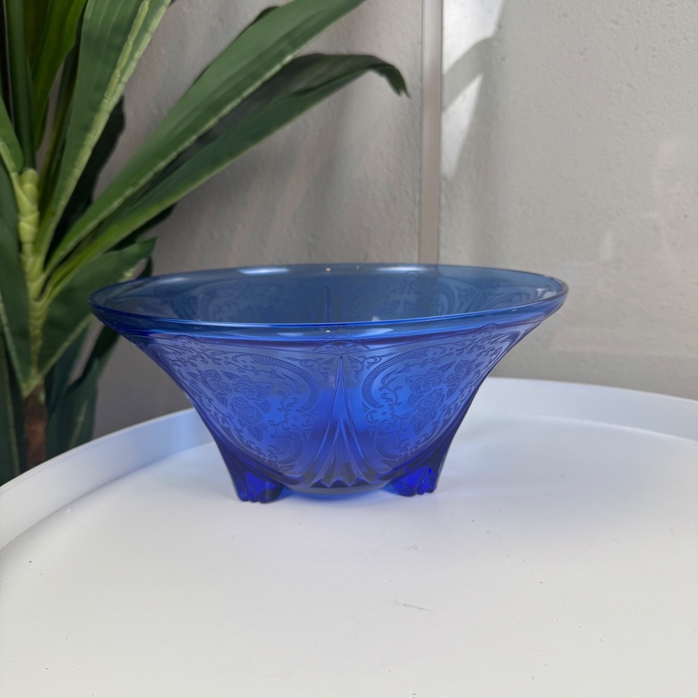 Hazel Atlas Cobalt Blue Royal Lace 10" Bowl Depression Glass, FOOTED, Vintage